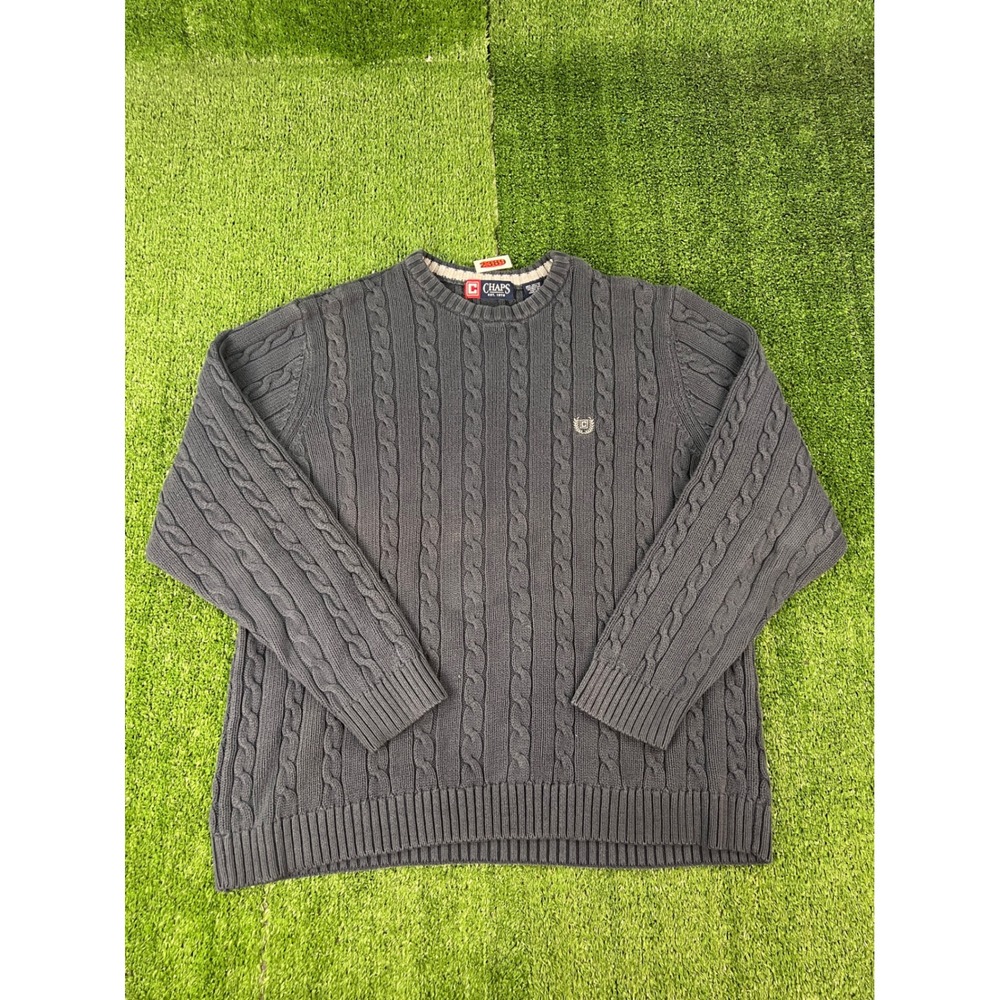 Chaps Mens Slate Blue 100% Cotton Cable Knit Crewneck Sweater Large Embroidered